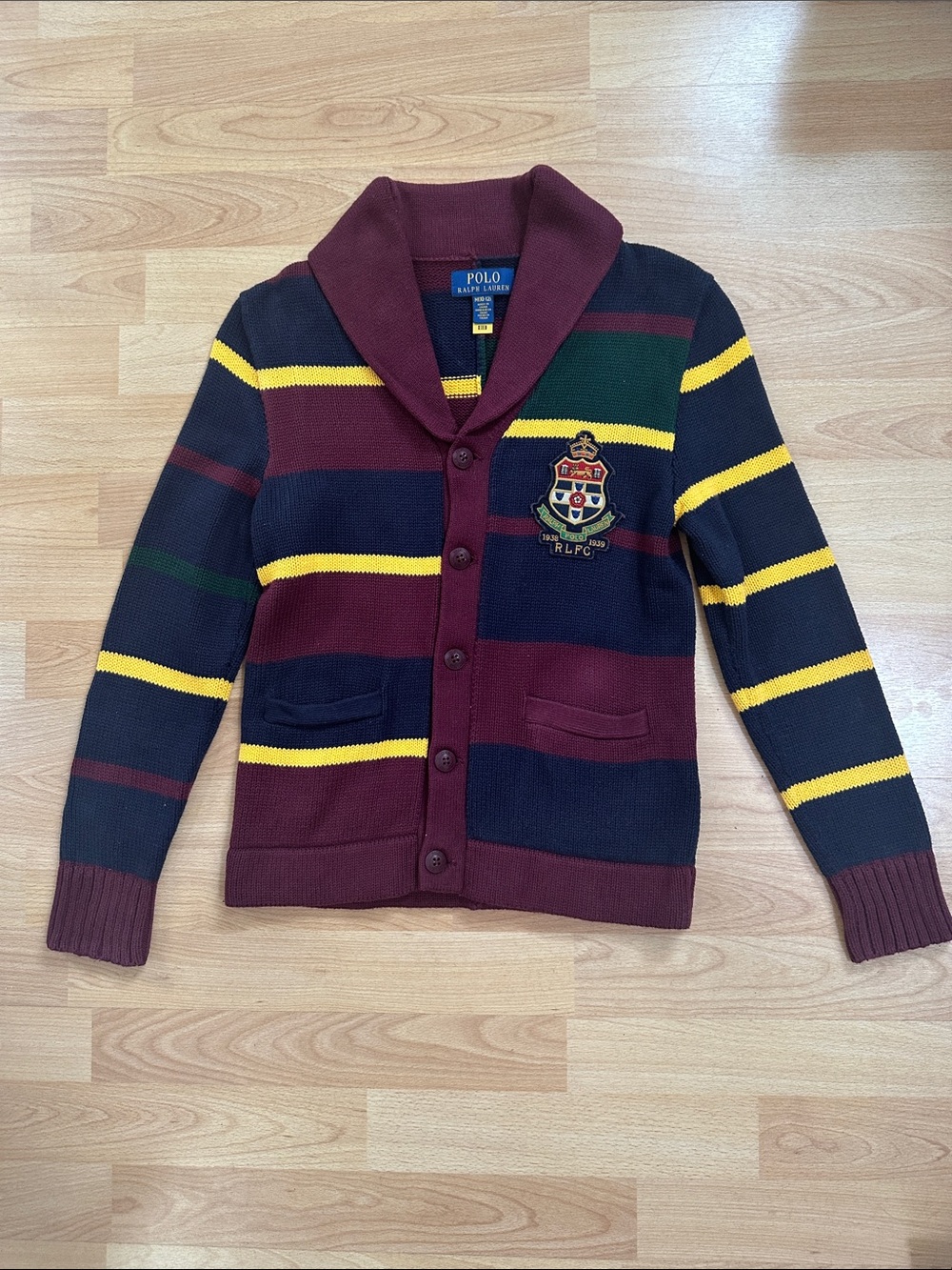Ralph Lauren Striped Crest Knit Sweater in Navy, Green, Yellow, Burgundy